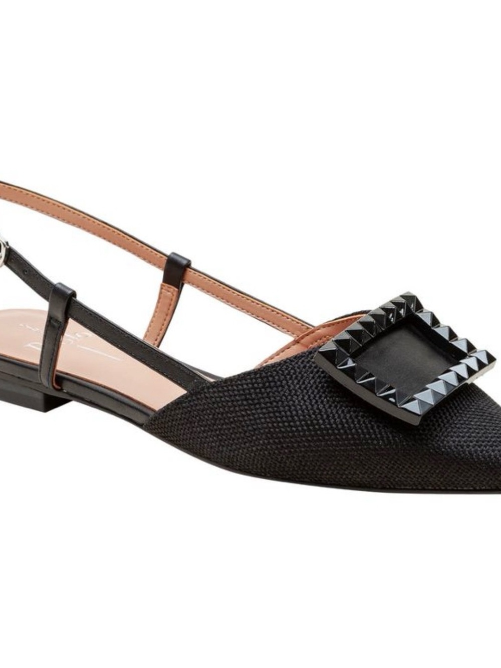 Linea Paolo Black Carmen Pointed Toe Slingback Flats Pyramid Stud Buckle